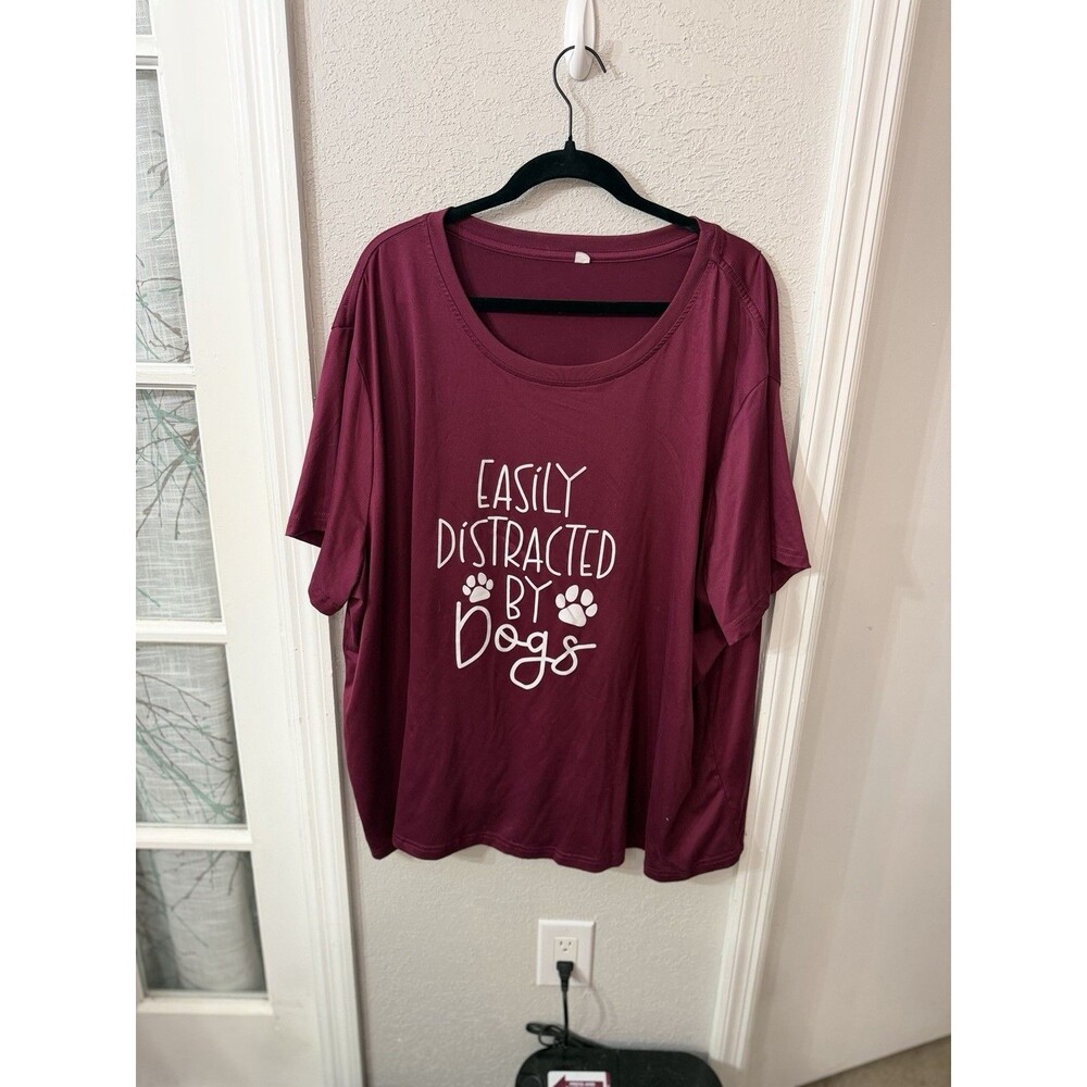 Women’s 7XL Burgundy Dog Lover Graphic T Shirt Easily Distracted By Dogs Plus